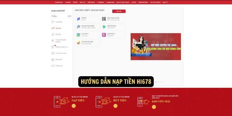 Hướng dẫn nạp tiền hi678